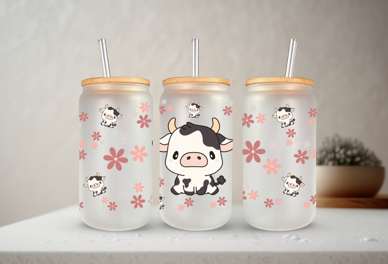 Baby Cow Floral Frosted Glass 16oz