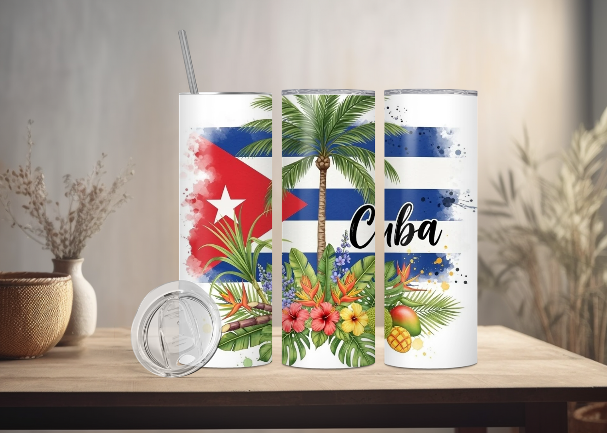 Cuba Tumbler Collection 20-Ounce Tumbler with Lid Vibrant Floral & Cuban Flag Design Drinkware Water Bottles for Daily Hydration Needs