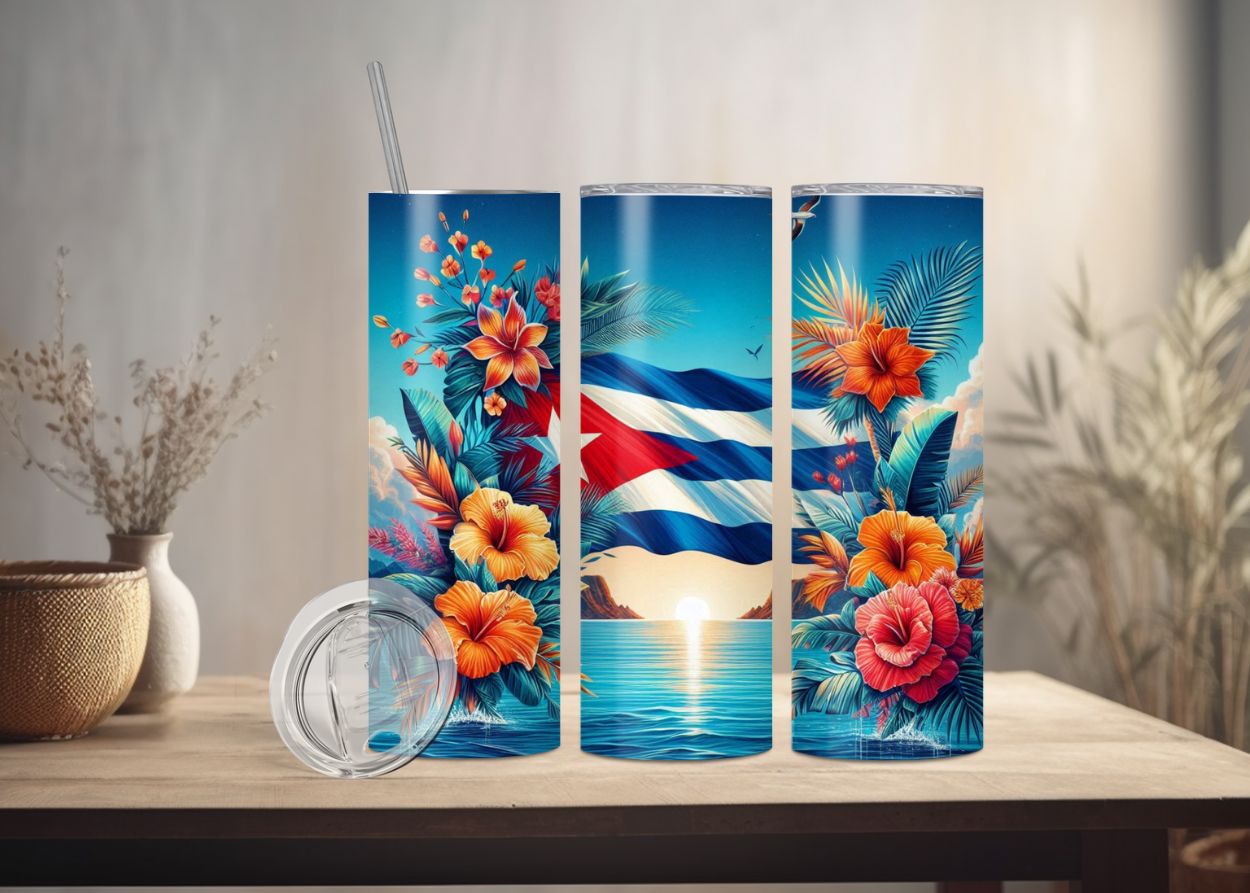 Cuba Tumbler Collection 20-Ounce Tumbler with Lid Vibrant Floral & Cuban Flag Design Drinkware Water Bottles for Daily Hydration Needs