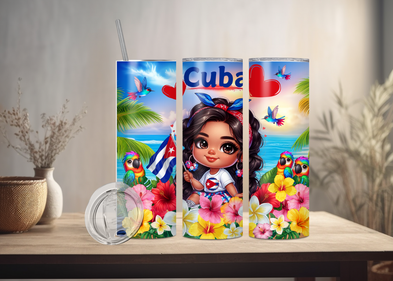 Cuba Tumbler Collection 20-Ounce Tumbler with Lid Vibrant Floral & Cuban Flag Design Drinkware Water Bottles for Daily Hydration Needs