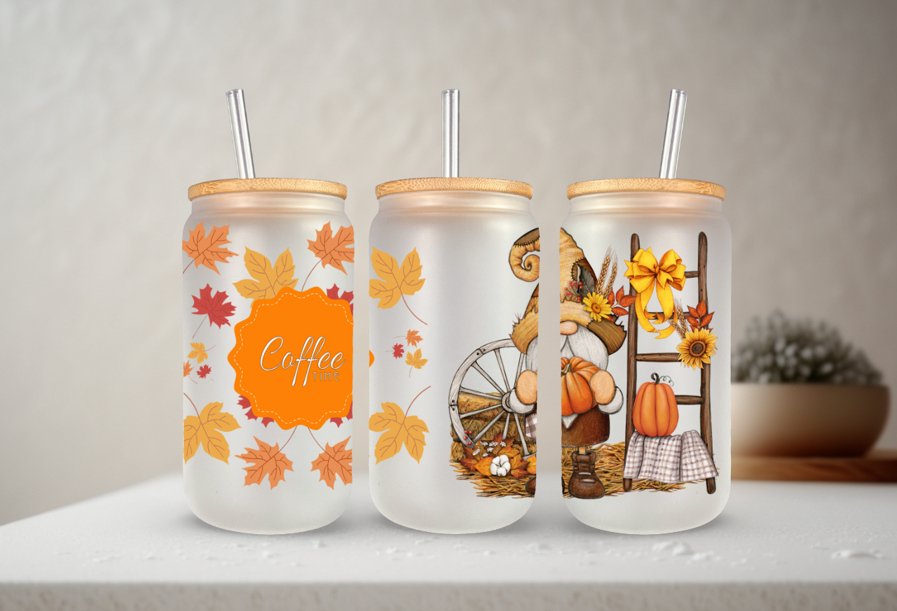 Fall Leaves Frosted Glass 16oz