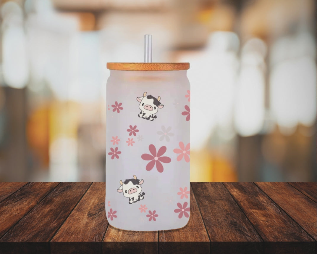 Baby Cow Floral Frosted Glass 16oz